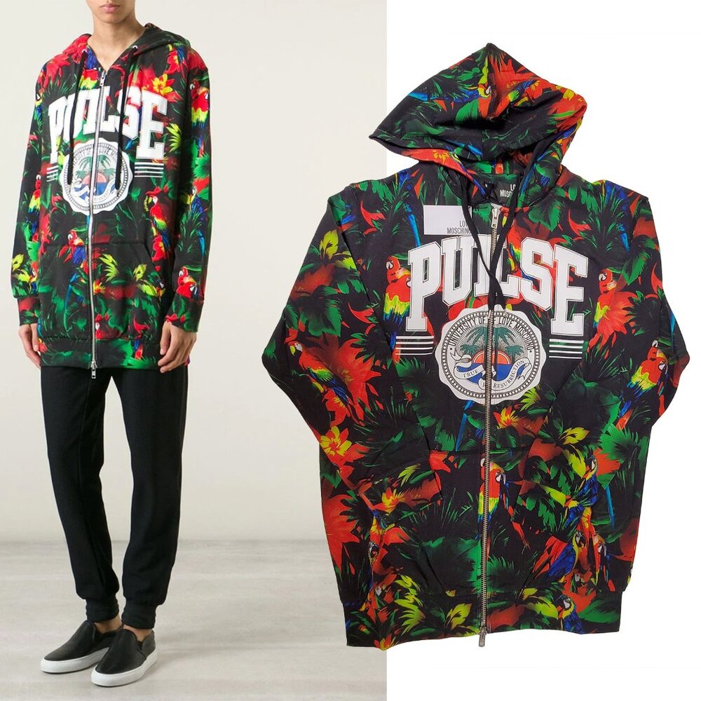 LOVE MOSCHINO JACKET LIGHTWEIGHT HOODIE SWEATSHIRT PARROT PRINT sz M MEDIUM